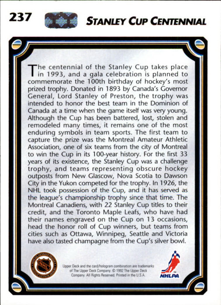 1992-93 Upper Deck #237 Stanley Cup Centennial back image