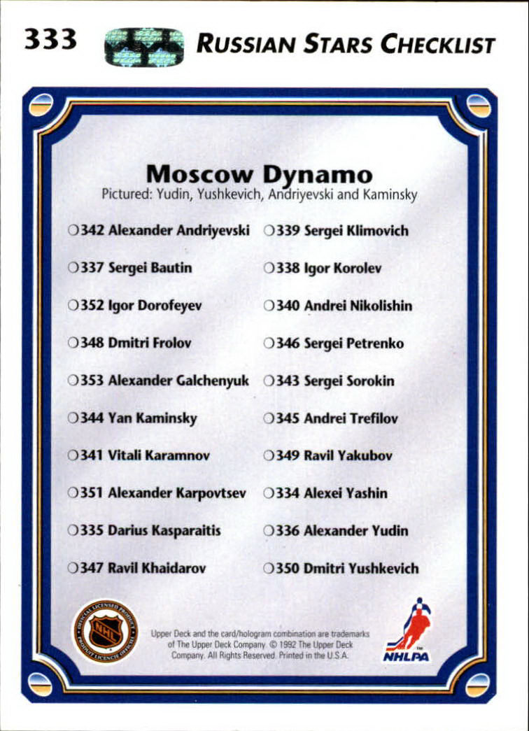 1992-93 Upper Deck #333 Moscow Dynamo CL/Alexander Yudin/Dmitri Yushkevich/Yan Kaminsky/Alexander Andriyevski back image