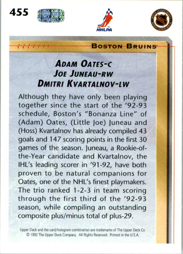 1992-93 Upper Deck #455 Boston Bruins LL/Adam Oates/Joe Juneau/Dmitri Kvartalnov back image