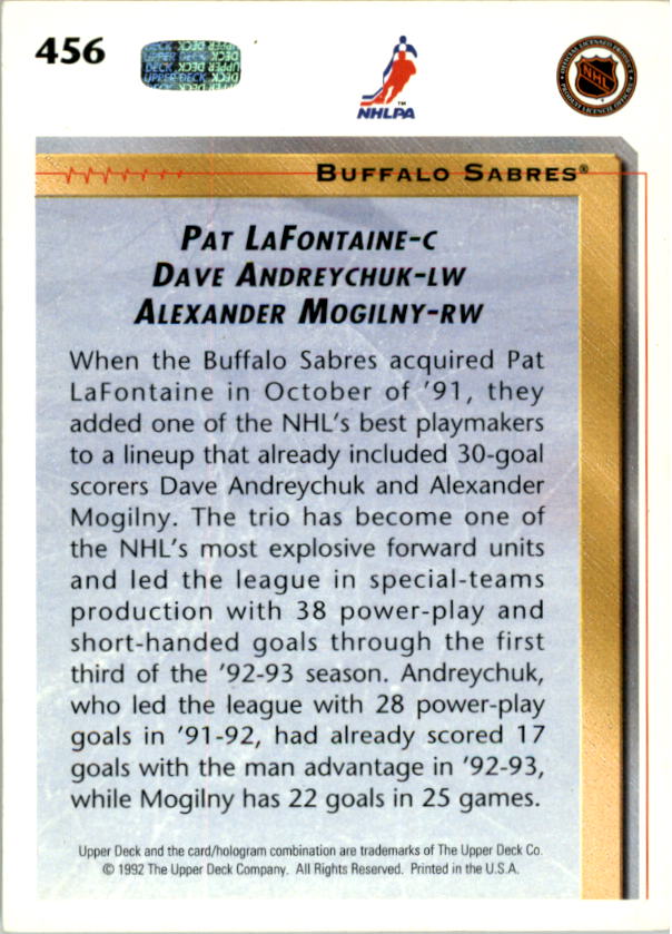 1992-93 Upper Deck #456 Buffalo Sabres LL/Pat LaFontaine/Dave Andreychuk/Alexander Mogilny back image
