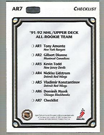 1992-93 Upper Deck All-Rookie Team #AR7 Team/Photo Checklist back image
