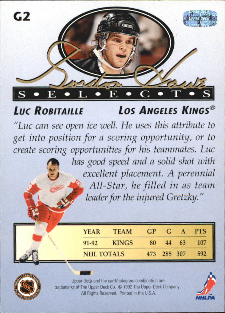 1992-93 Upper Deck Gordie Howe Selects #G2 Luc Robitaille back image