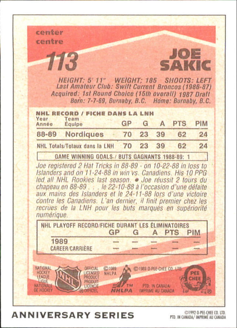 1992-93 O-Pee-Chee 25th Anniversary #22 Joe Sakic back image