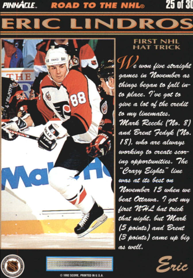 1992-93 Pinnacle Eric Lindros #25 First NHL Hat Trick back image