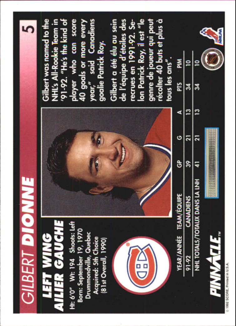 1992-93 Pinnacle French #5 Gilbert Dionne back image
