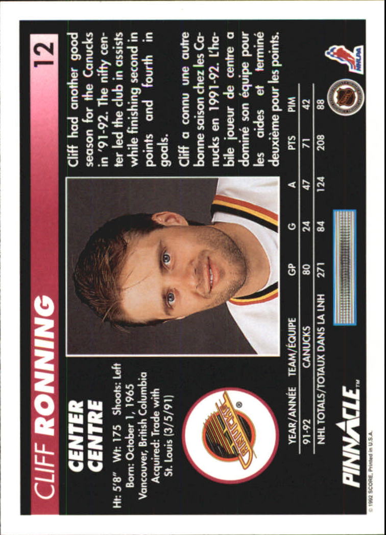 1992-93 Pinnacle French #12 Cliff Ronning back image