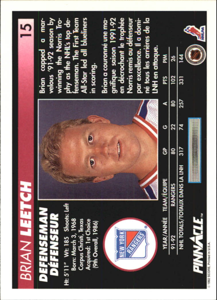 1992-93 Pinnacle French #15 Brian Leetch back image