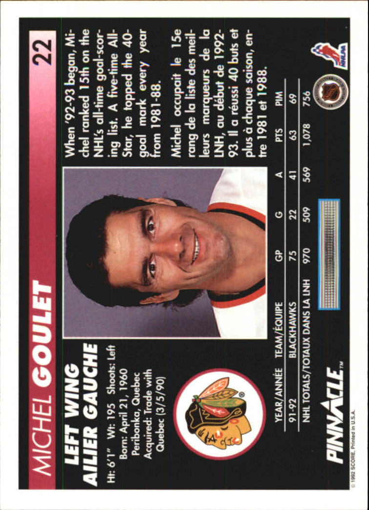 1992-93 Pinnacle French #22 Michel Goulet back image