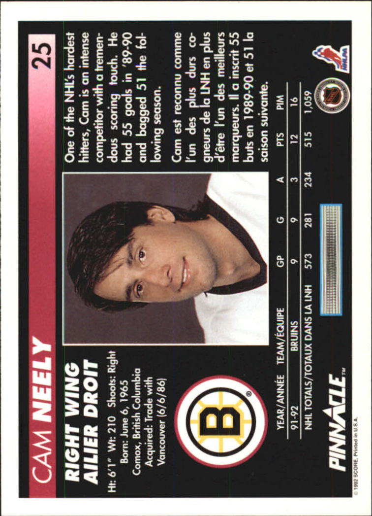 1992-93 Pinnacle French #25 Cam Neely back image
