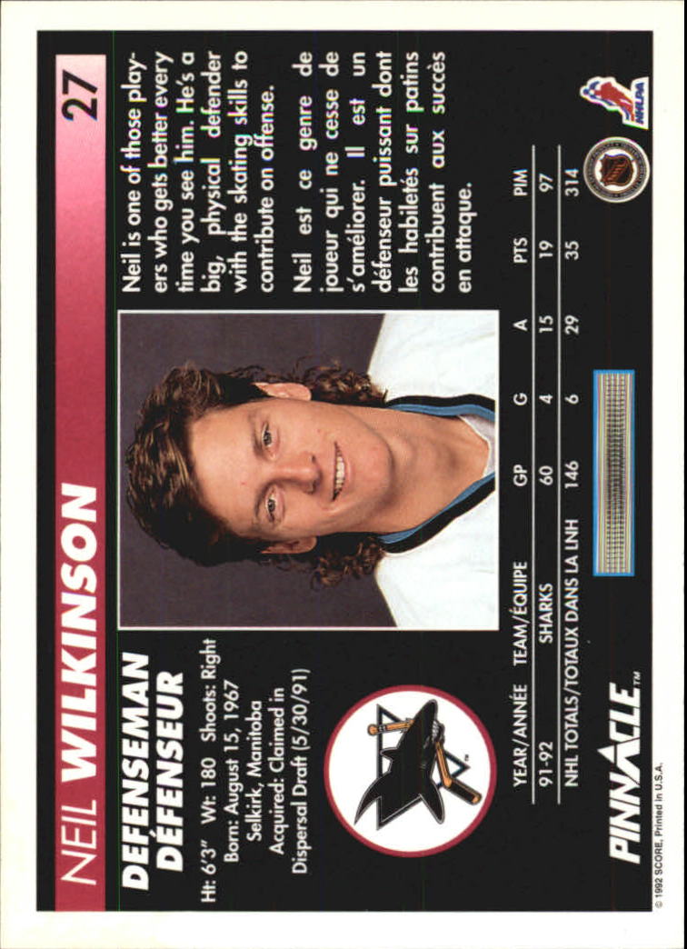 1992-93 Pinnacle French #27 Neil Wilkinson back image