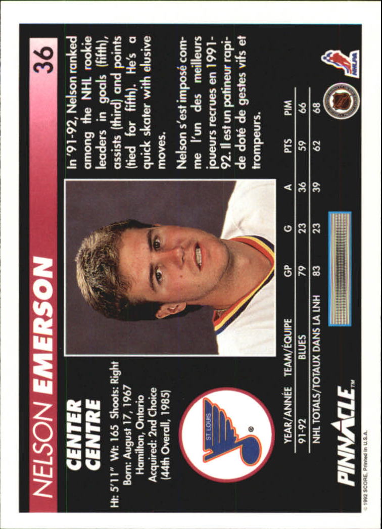 1992-93 Pinnacle French #36 Nelson Emerson back image
