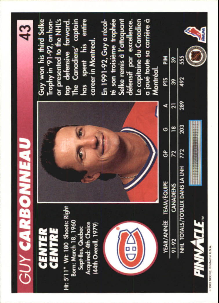 1992-93 Pinnacle French #43 Guy Carbonneau back image