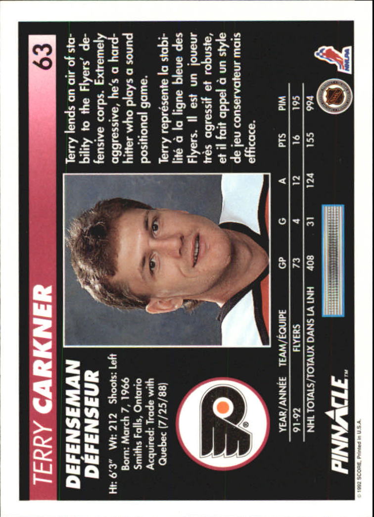 1992-93 Pinnacle French #63 Terry Carkner back image