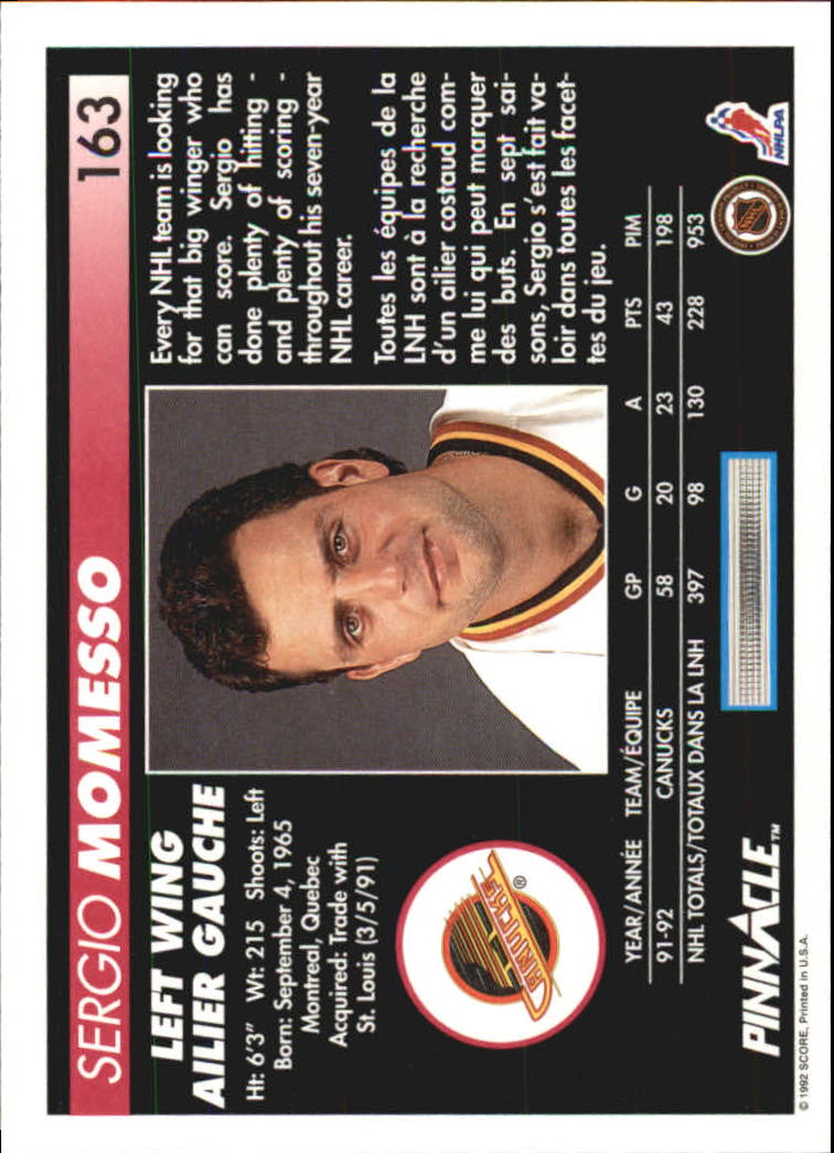 1992-93 Pinnacle French #163 Sergio Momesso back image