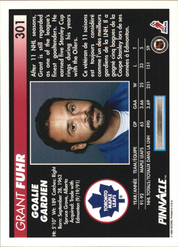 1992-93 Pinnacle French #301 Grant Fuhr back image