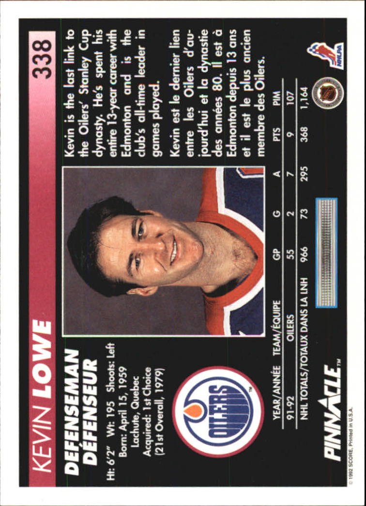 1992-93 Pinnacle French #338 Kevin Lowe back image