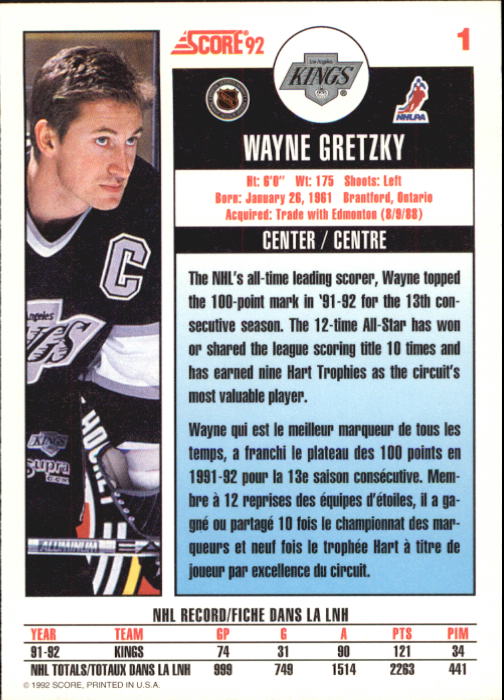 1992-93 Score Canadian #1 Wayne Gretzky back image