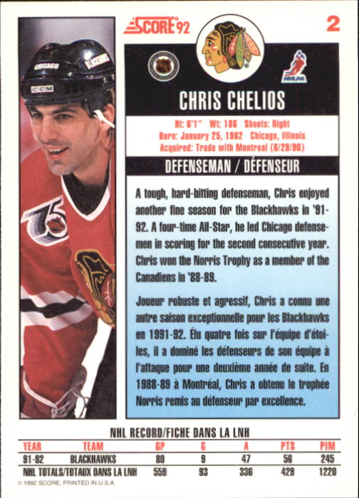 1992-93 Score Canadian #2 Chris Chelios back image