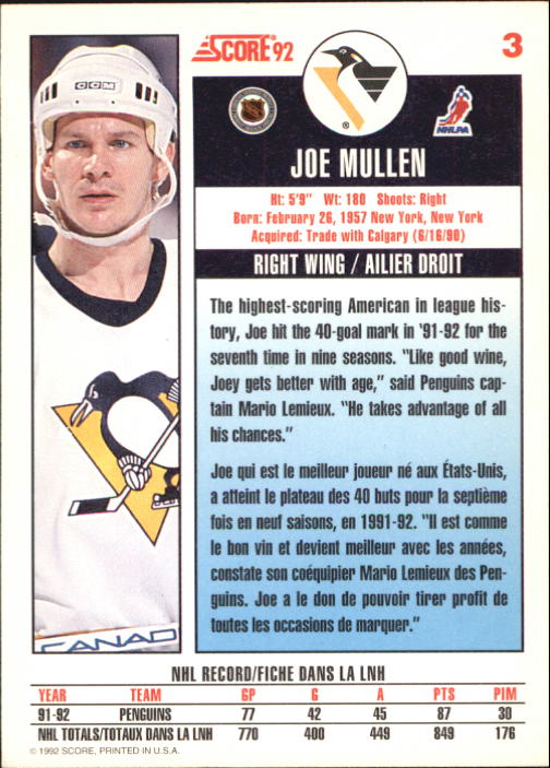 1992-93 Score Canadian #3 Joe Mullen back image