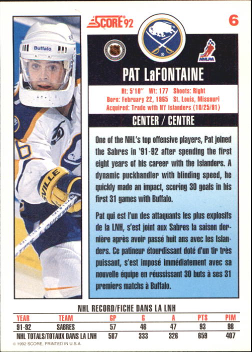 1992-93 Score Canadian #6 Pat LaFontaine back image