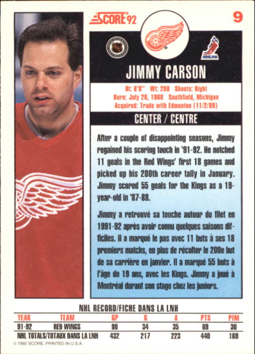 1992-93 Score Canadian #9 Jimmy Carson back image
