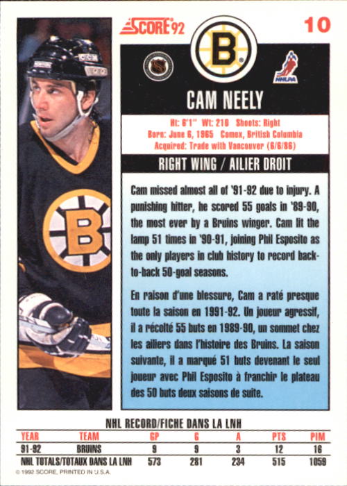 1992-93 Score Canadian #10 Cam Neely back image