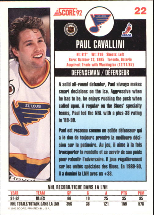 1992-93 Score Canadian #22 Paul Cavallini back image