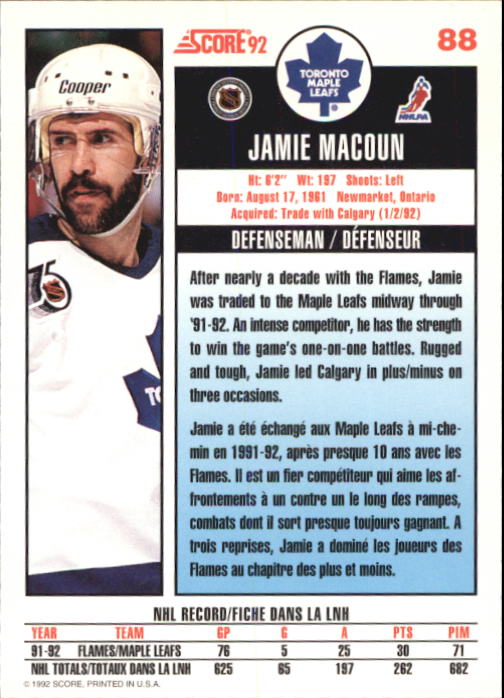 1992-93 Score Canadian #88 Jamie Macoun back image
