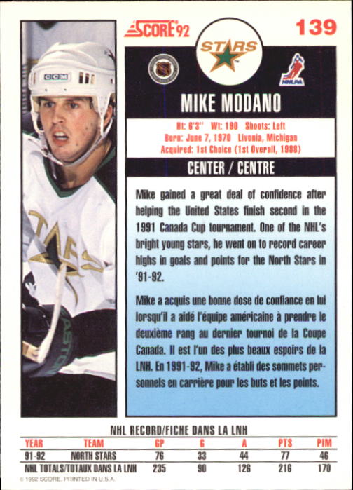1992-93 Score Canadian #139 Mike Modano back image