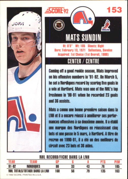 1992-93 Score Canadian #153 Mats Sundin back image