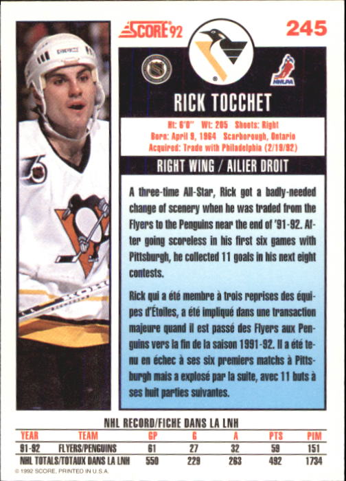 1992-93 Score Canadian #245 Rick Tocchet back image