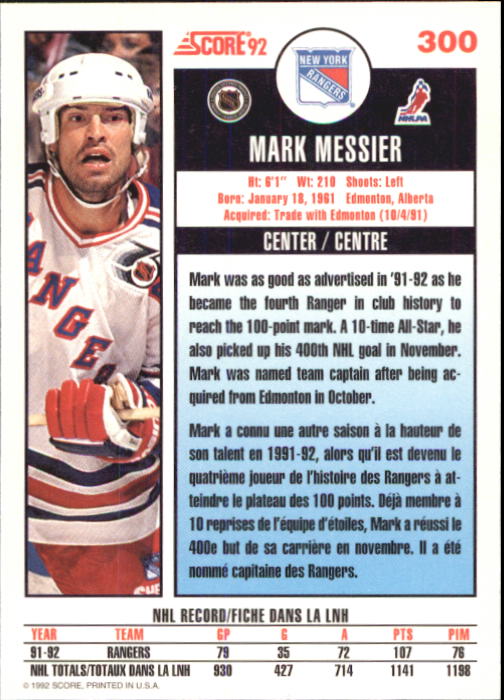 1992-93 Score Canadian #300 Mark Messier back image