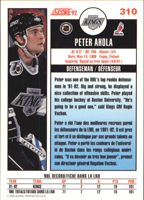 1992-93 Score Canadian #310 Peter Ahola back image