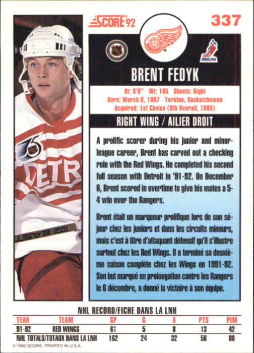 1992-93 Score Canadian #337 Brent Fedyk back image