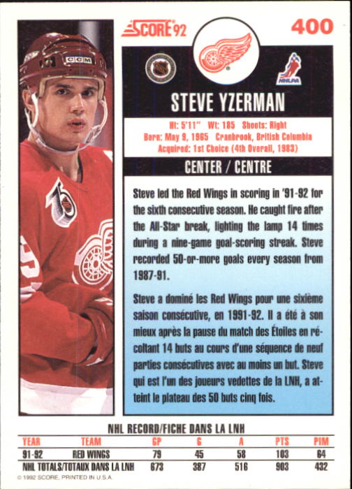 1992-93 Score Canadian #400 Steve Yzerman back image