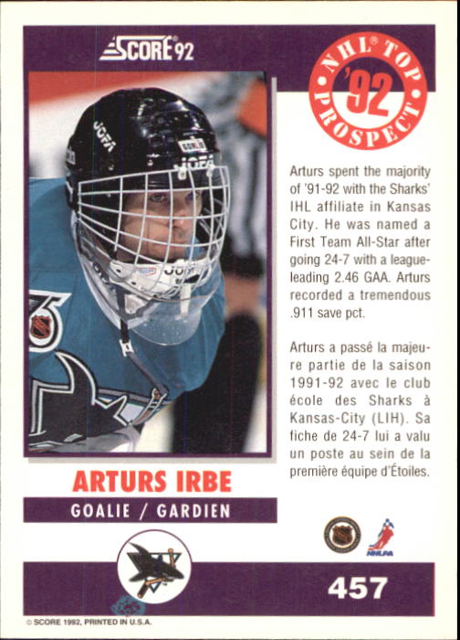 1992-93 Score Canadian #457 Arturs Irbe TP back image