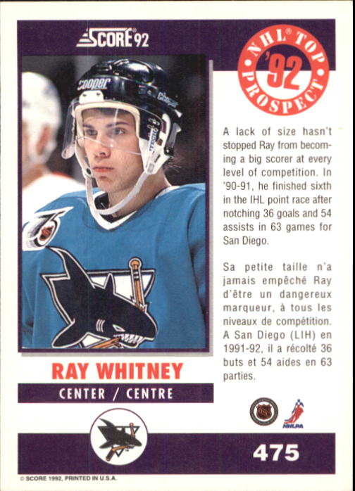 1992-93 Score Canadian #475 Ray Whitney TP RC back image