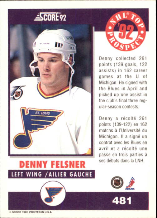 1992-93 Score Canadian #481 Denny Felsner TP RC back image