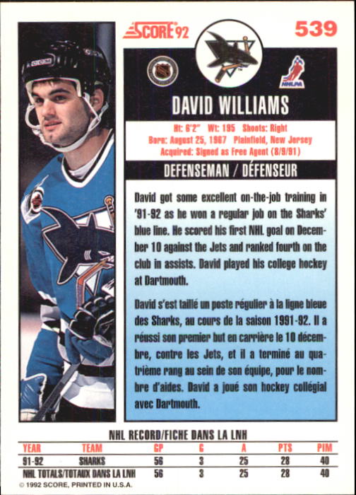 1992-93 Score Canadian #539 David Williams RC back image