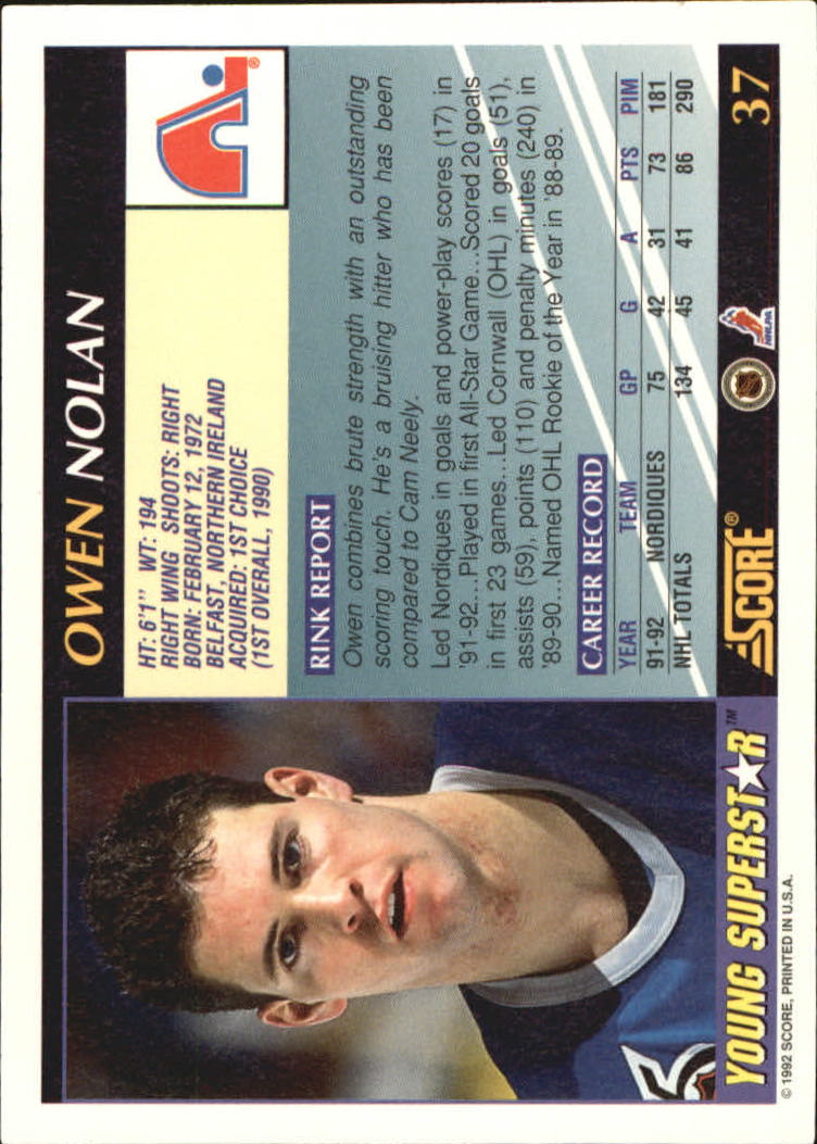 1992-93 Score Young Superstars #37 Owen Nolan back image