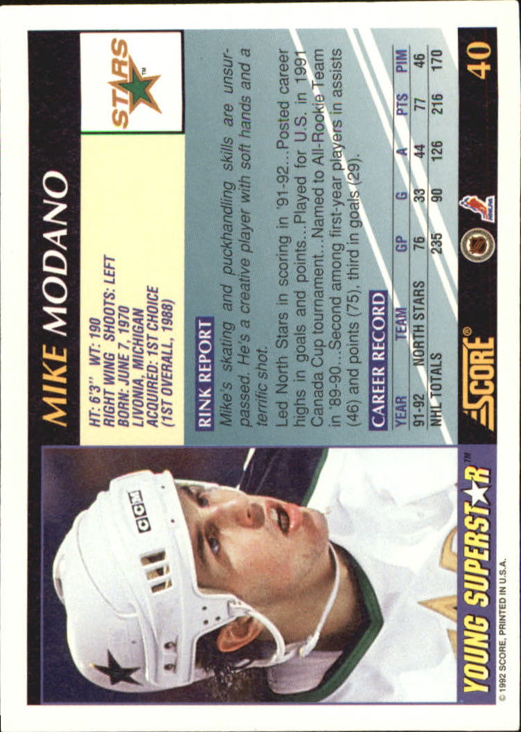 1992-93 Score Young Superstars #40 Mike Modano back image