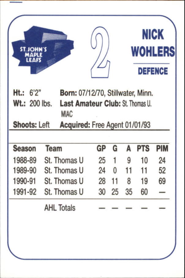 1992-93 St. John's Maple Leafs #23 Nick Wohlers back image