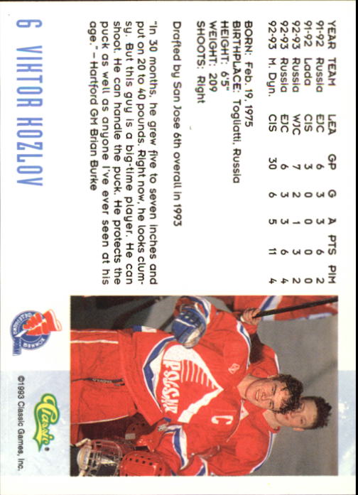 1993 Classic #6 Viktor Kozlov back image