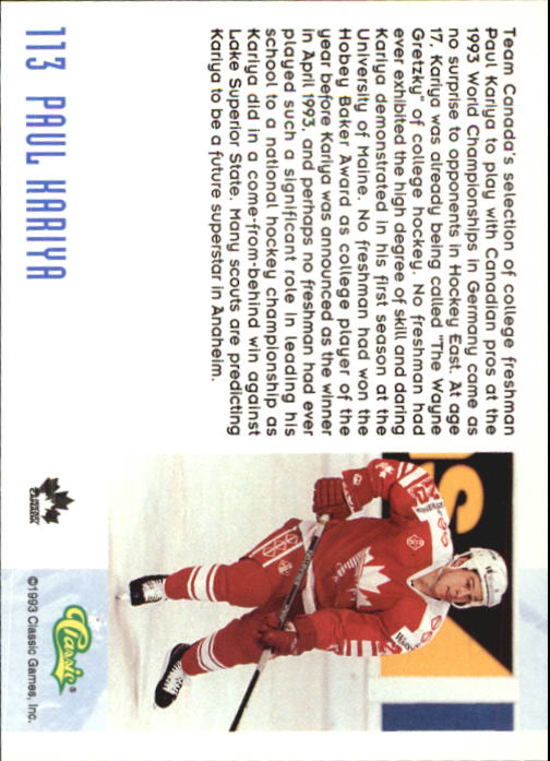 1993 Classic #113 Paul Kariya COMIC back image