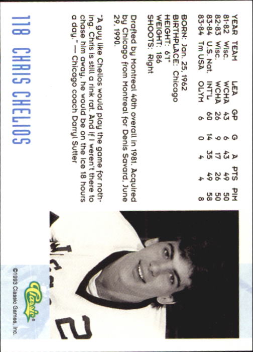 1993 Classic #118 Chris Chelios back image