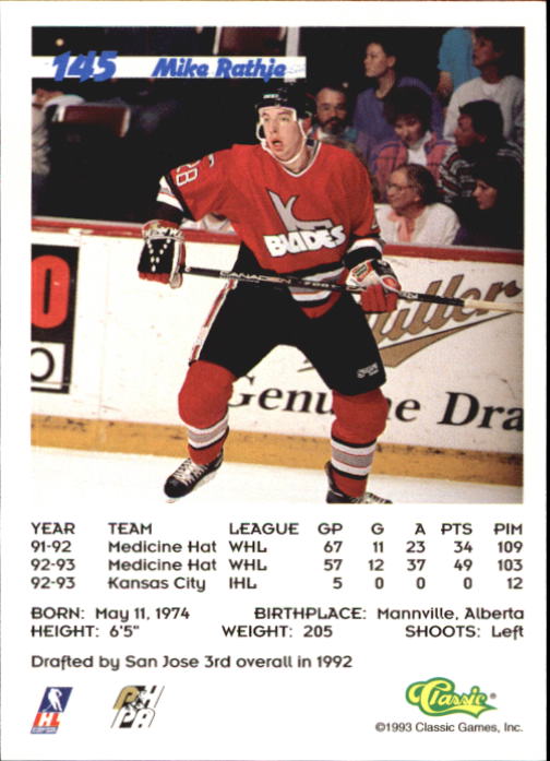 1993 Classic #145 Mike Rathje back image