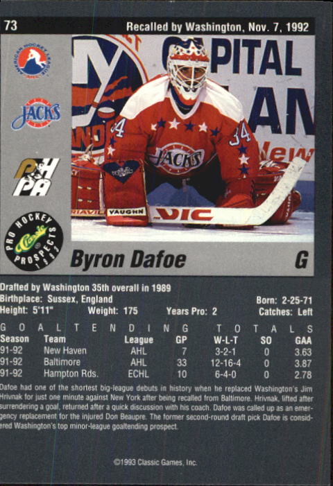 1993 Classic Pro Prospects #73 Byron Dafoe back image