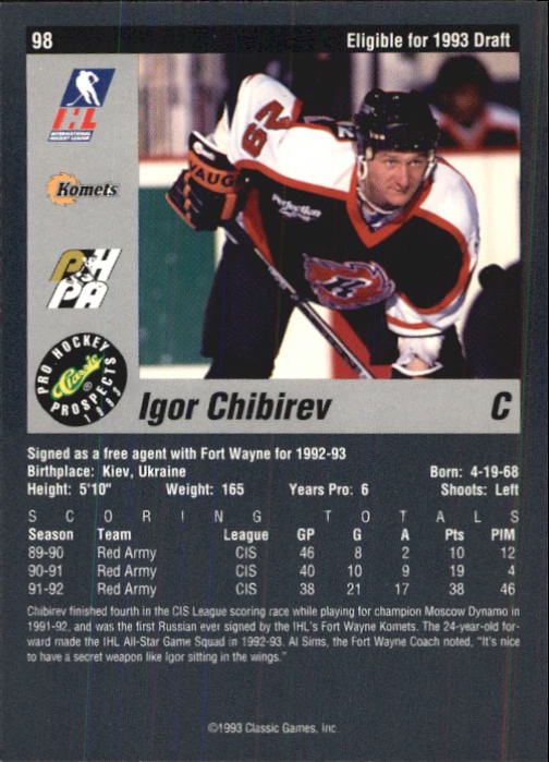 1993 Classic Pro Prospects #98 Igor Chibirev back image