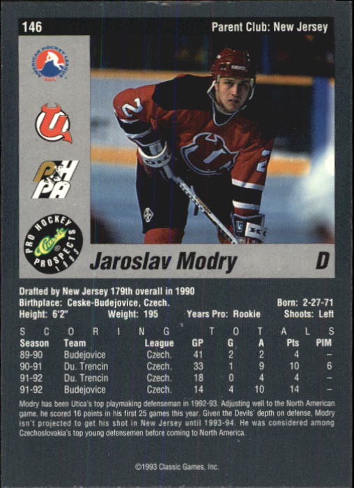 1993 Classic Pro Prospects #146 Jaroslav Modry back image