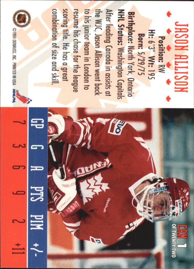 1993-94 Donruss Team Canada #1 Jason Allison back image